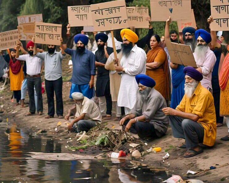 ‘Kala Pani Morcha’ Protest Held in Punjab Against Polluted Budha Nala. Representational Image of a Protest Created with Meta AI Image Generator.